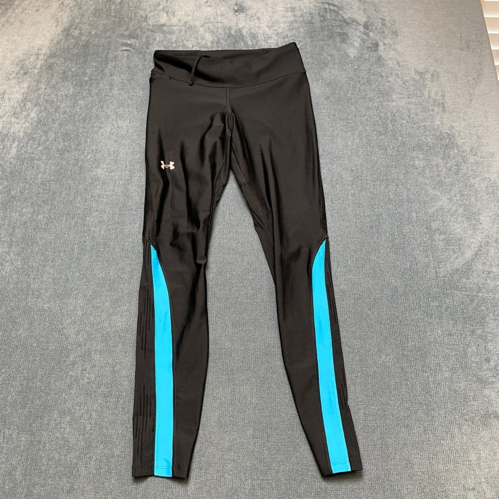 Under Armour Heatgear Leggings Womens Medium Black Blue Stripe High Waist Gym